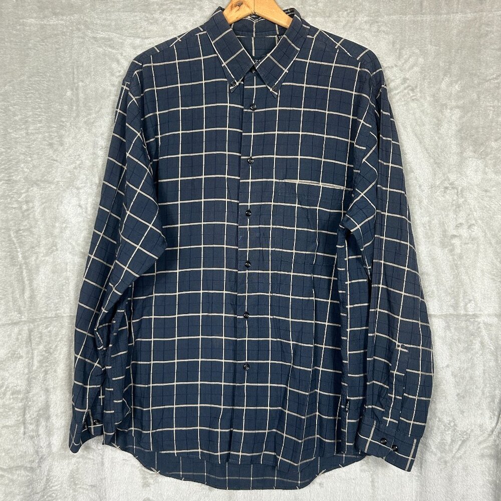 IZOD Shirt Men's Large Navy Grey Plaid Button Up Long Sleeve Casual Classic